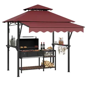 8' x 5' Grill Gazebo Canopy with Double Tier Roof, LED Lights, Side Shelves & Hooks, Waterproof UV Protected BBQ Shelter for Patio Backyard Garden