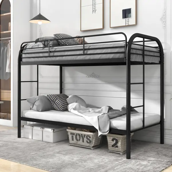 Twin Over Twin Metal Bunk Bed , Loft Bed , Heavy Duty Steel Frame Bed with Guardrails, Space-Saving Bunk Bed Frame for Boys Girls, Black
