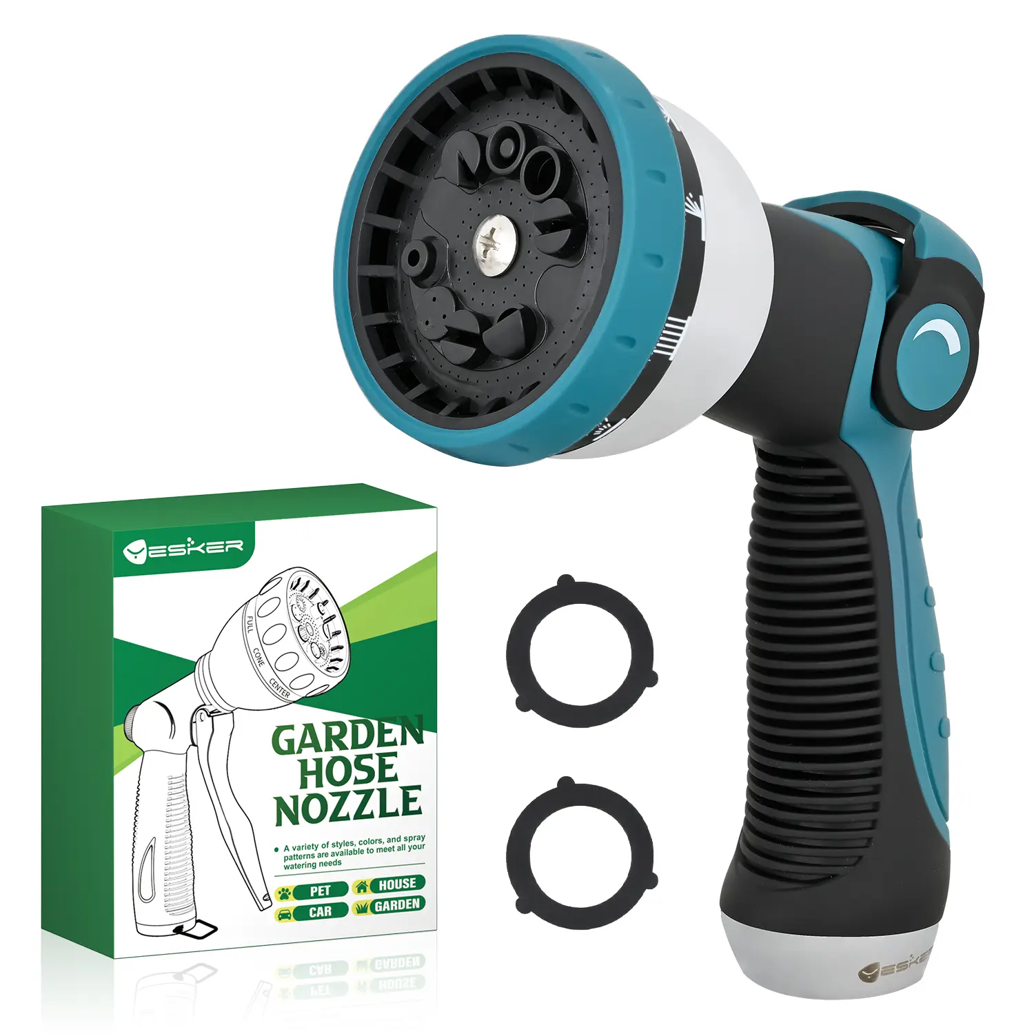 Yesker Garden Hose Nozzle Water Hose Sprayer Nozzle Adjustable 10 Spray Patterns Heavy Duty Metal Nozzles Thumb Control w Non-Slip Grip for Outdoor Watering Plants Lawn Washing Car Pets, Black & Blue