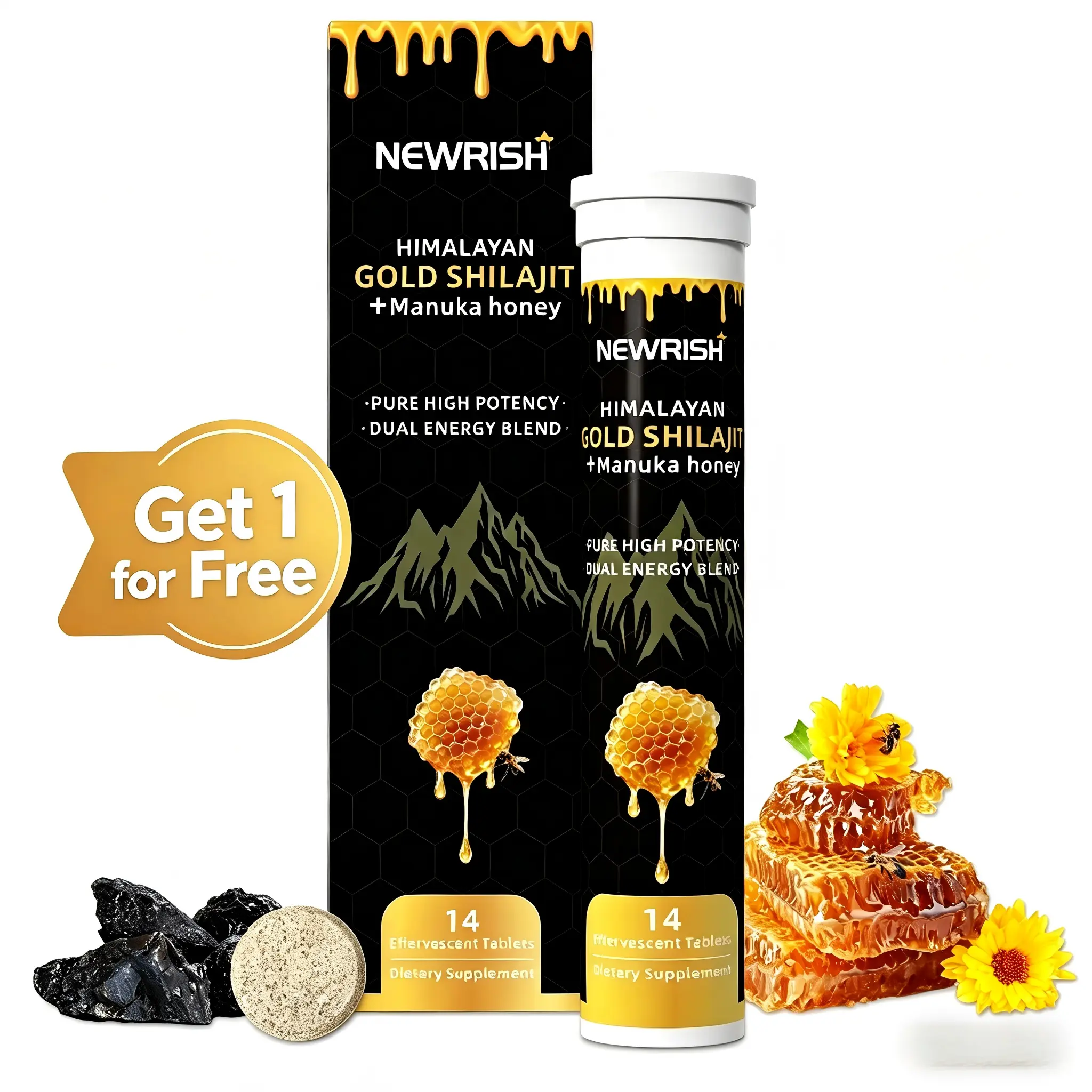 Newrish Pure Himalayan Shilajit Effervescent Tablets - 100% Natural Organic Manuka Honey - Enhances Athletic Performance - Buy 1 Get 1 Free