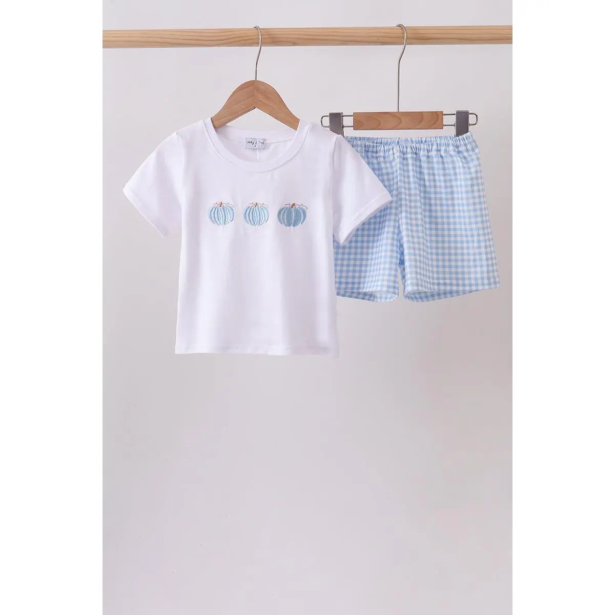 Women's Playful Cotton Blend 2-Piece Gingham Print Blue Pumpkin Embroidered Shorts Set