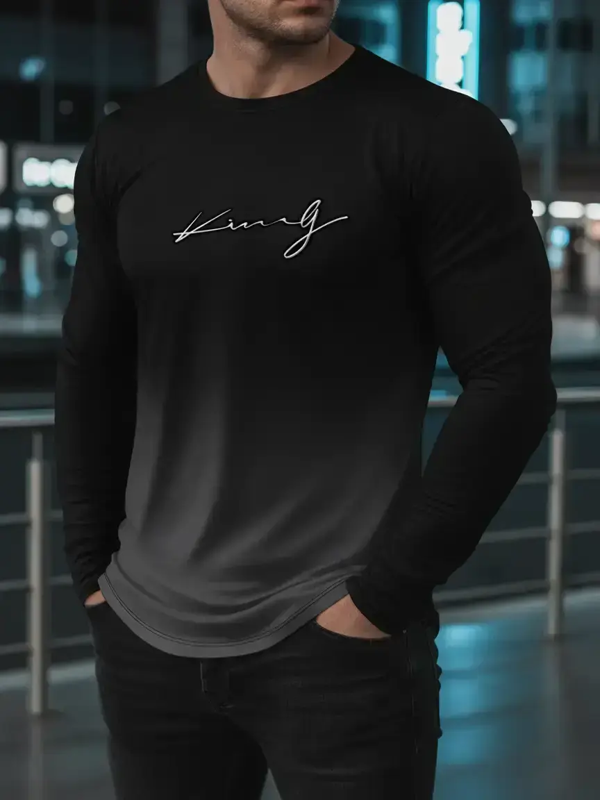The 2025 new style casual fashion Menswear men's tops gradient Long Sleeves crew neck Fitted sweatshirt adopts a novel 3D printed Graphic letter printing design, which is suitable for daily wear Clothes
