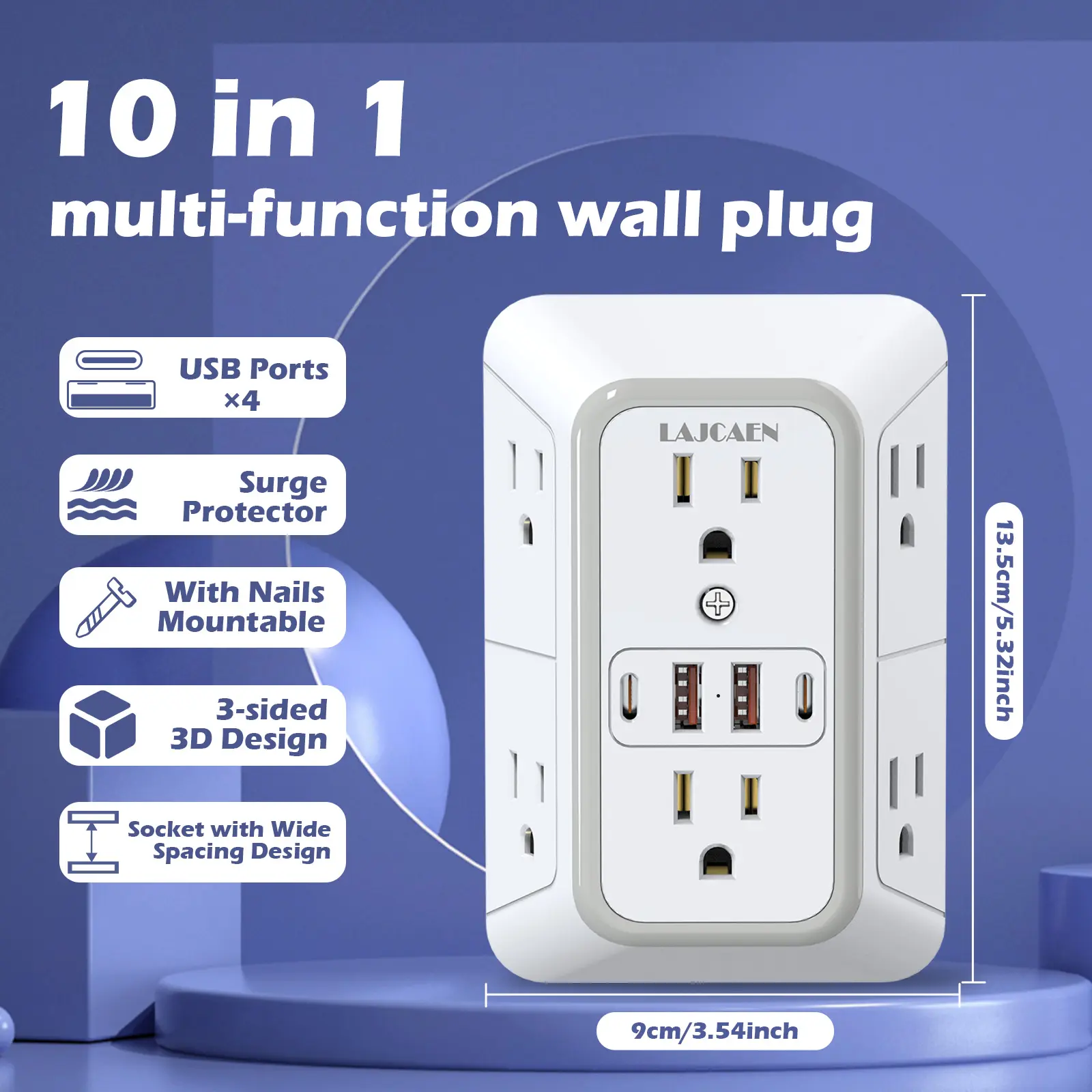 3-Sided Multi-Outlet Surge Protector Wall Socket - Compact Rectangle, 6 AC Outlets, 4 USB Ports (2U2C), 15A Max Load, 13.5cm/5.32in, 110-240V Global Travel Input, 7 Safety Systems, Ideal for Home, Dorms
