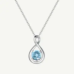 "Infinite Embrace" March Birthstone Aquamarine Infinity Symbol Sterling Silver Pendant Necklace - Silver