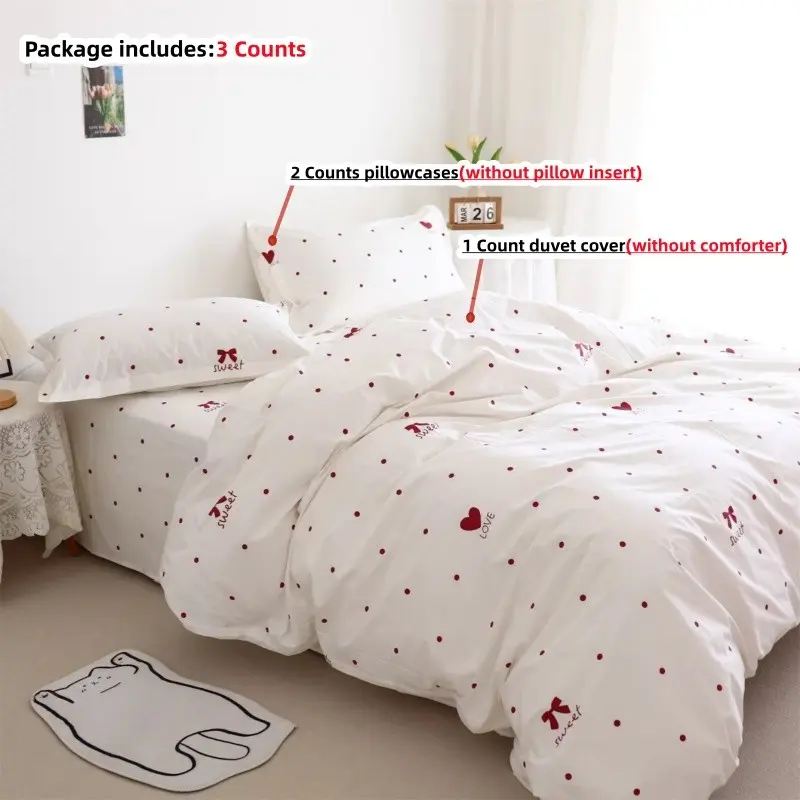 3pcs Heart Print Bedding Set, Includes 1 Ruffled Duvet Cover and 2 Pillowcases, Zipper Design, Soft Fabric, All Seasons, Soft Bedding Sets, Bedroom Bedding Set, Theme Bedding Set, Decorative Bedding Set