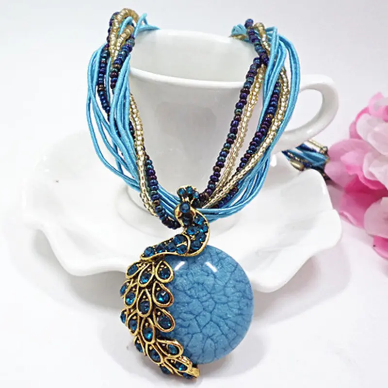 Boho Peacock Choker Necklace for Women, Vintage Hand-Woven Braided Jewelry with Green Stone Pendant, Ethnic Statement Accessory, Meaningful Gift, Meaningful Gifts, Adjustable Chain, Bronze Alloy, Retro Boho, Synthetic Gem, Birthday