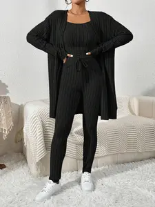 Women's Plus Size Knit Texture Vest Top + Long Pants + Long Sleeve Cardigan Set, Casual Fitted for Fall & Winter