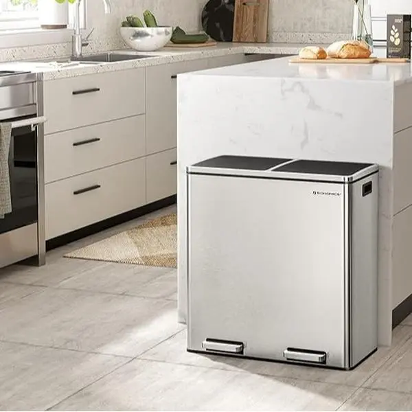 SONGMICS Stainless Steel Trash Can Garage Can Multi-Compartment Plastic Inner Buckets and Hinged Lids Soft Closure Kitchen Trash Bin