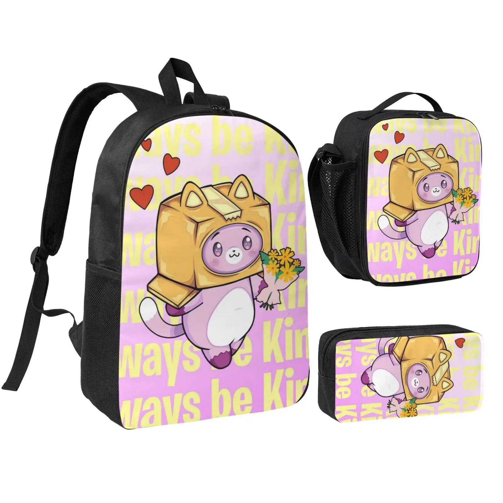 Kids' School Backpack Set, 3-in-1 Cartoon Print Daypack with Lunch Box & Pencil Case, Lightweight 17-Inch Multi-Compartment Adjustable Backpack for Travel, Multi Compartment Backpack