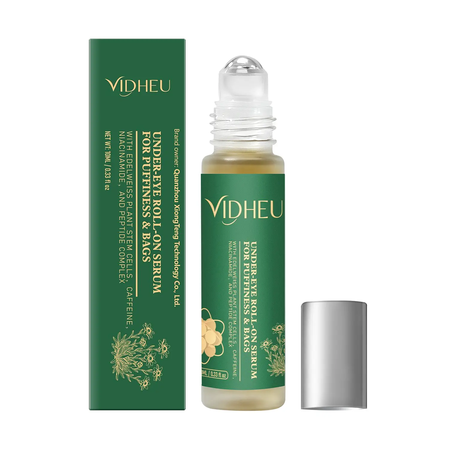 VIDHEU Under Eye Roll-On Serum - Caffeine & Niacinamide Liquid, Cooling Metal Roller, Lightweight Anti-Acne Alcohol-Free Eye Care for All Skin Types, 10 mL, 24-Month Shelf Life, 24 Months