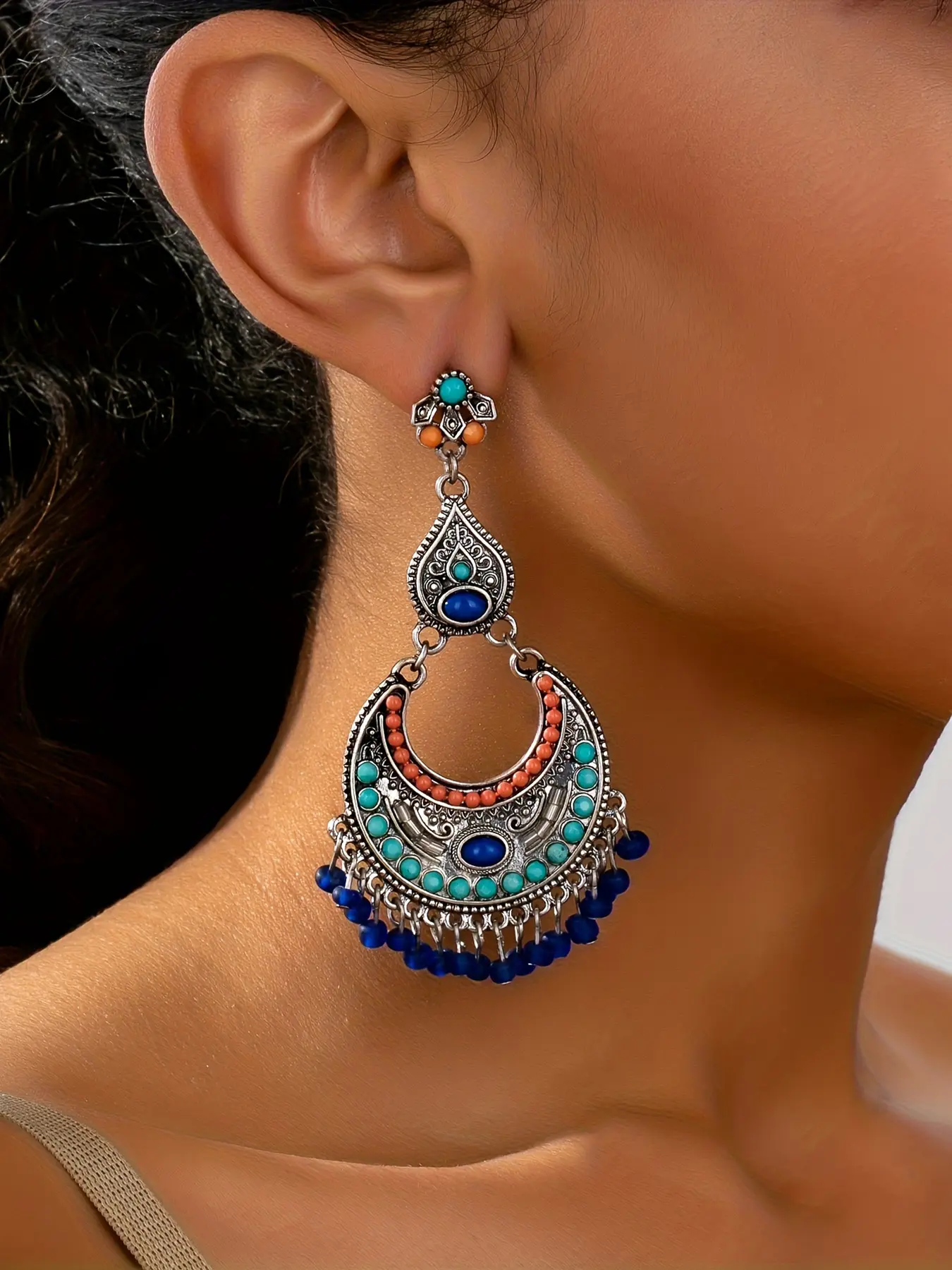 Bohemian Style Turquoise Moon Tassel Earrings for Women, Unique High-End Colorful Dangle Jewelry, Perfect Gift for Daily Wear & Vacation, Boho Style Jewelry, Stylish Jewelry, Trendy Jewellery Accessories, Trendy Fashionable Accessories, Dangling Earrings