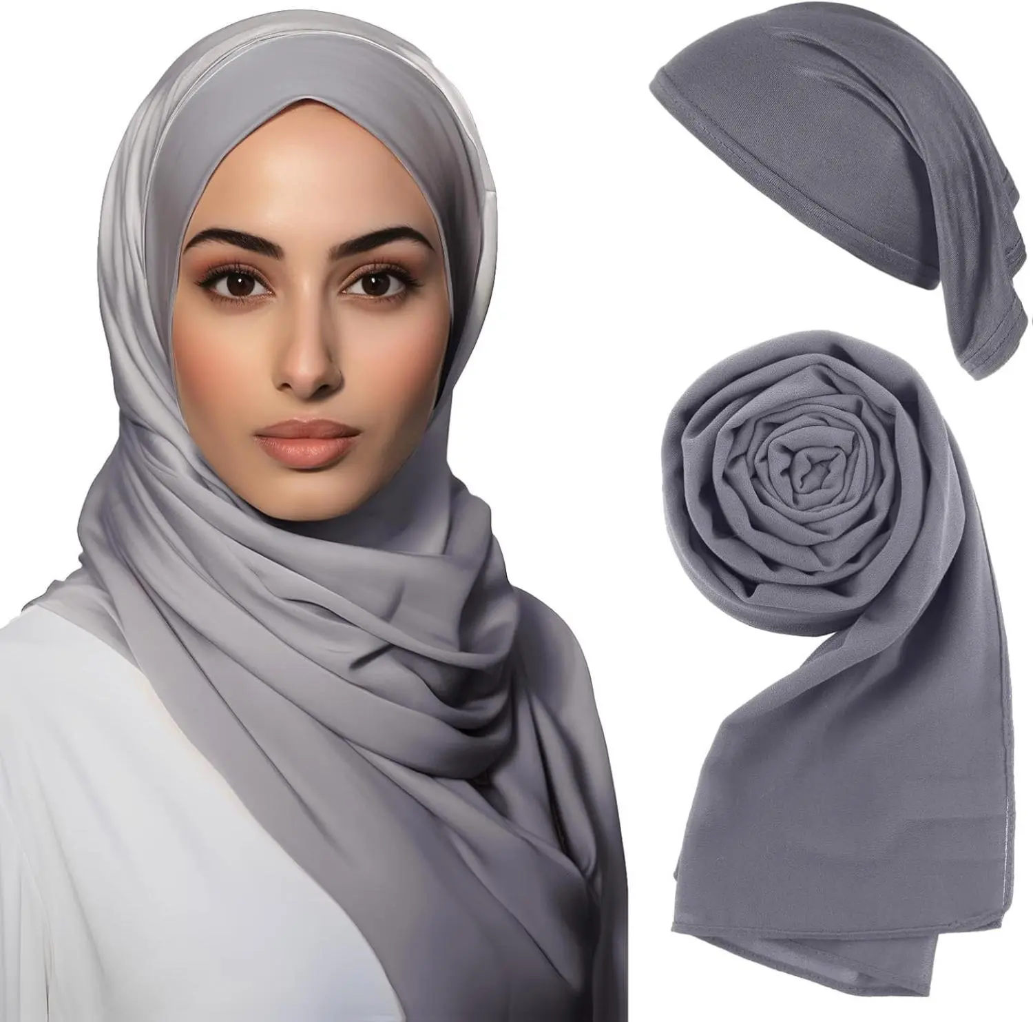 Women's Islamic 2-Piece Hijab Set - Chiffon Fabric Long Solid Shawl, Comfortable Cotton Inner Undercap, Modest Fashion Gift