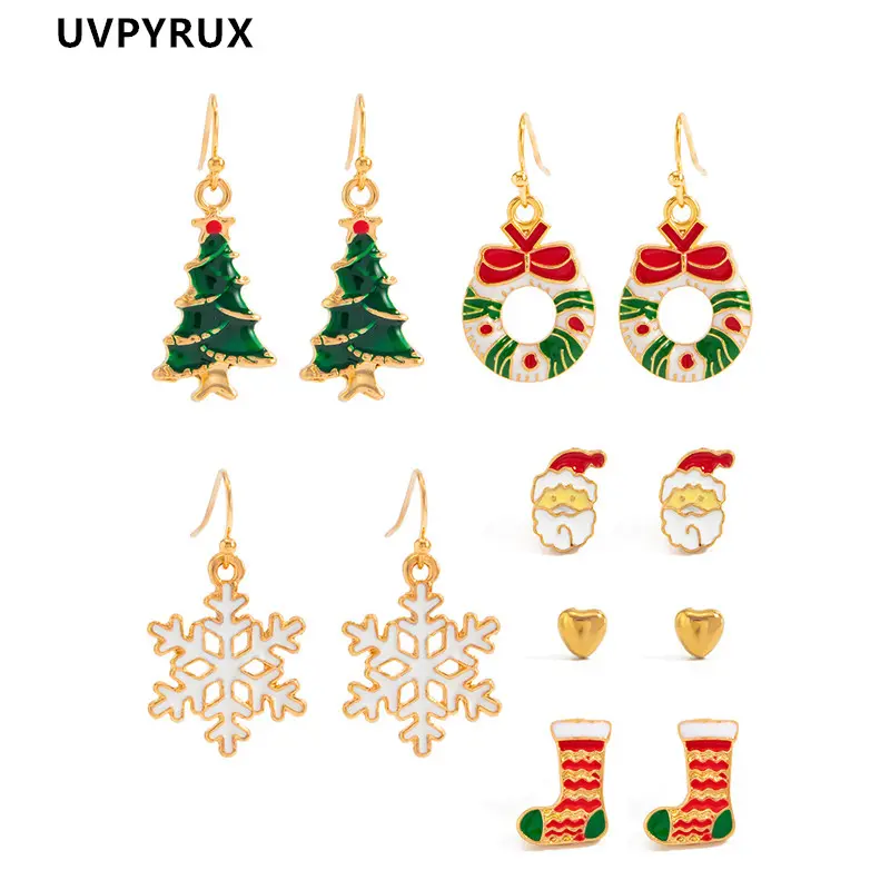 Christmas Earrings 6-Pair Set : Tree/Wreath/Snowflake/Santa Stocking Dangle & Stud Jewelry