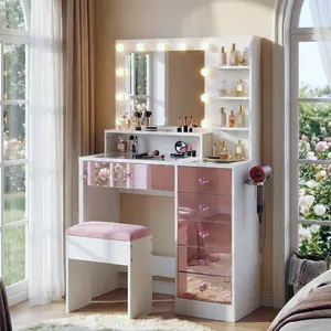 White Vanity Desk with LED Mirror & 3 Lighting Modes, 11 Bulbs Makeup Table with Charging Station, Pink Drawers & Stool for Bedroom - White Pink