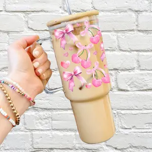 Pink Coquette Bows and Cherry Glass Cup with Lid and Straw - Cherries Aesthetic Drinkware with Bamboo Lid and Delicate Pink Ribbons and Hearts