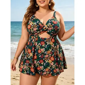 2026 New Plus Size Vibrant Floral Plus Size Vibrant Floral Swim Dress - Twist Front Cutout & Tummy Control, Halter Neck ModSwim Dress, Halter Neck Twist Front Cutout Tummy Control Bathing Suit with Built-in Briefs, Modest Curvy Swimwear for Beach Vacation