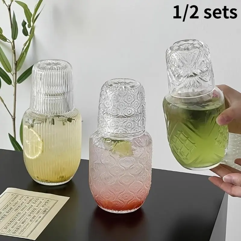 1 Bedside Kettle Set (Including Cup) | Bathroom Mouthwash and Decanter | Modern Clear Glass Kettle for Bedroom Bedside Table | Nighttime Refreshing Drink | Valentine's Day/Christmas/New Year/Household Gift Drinkware