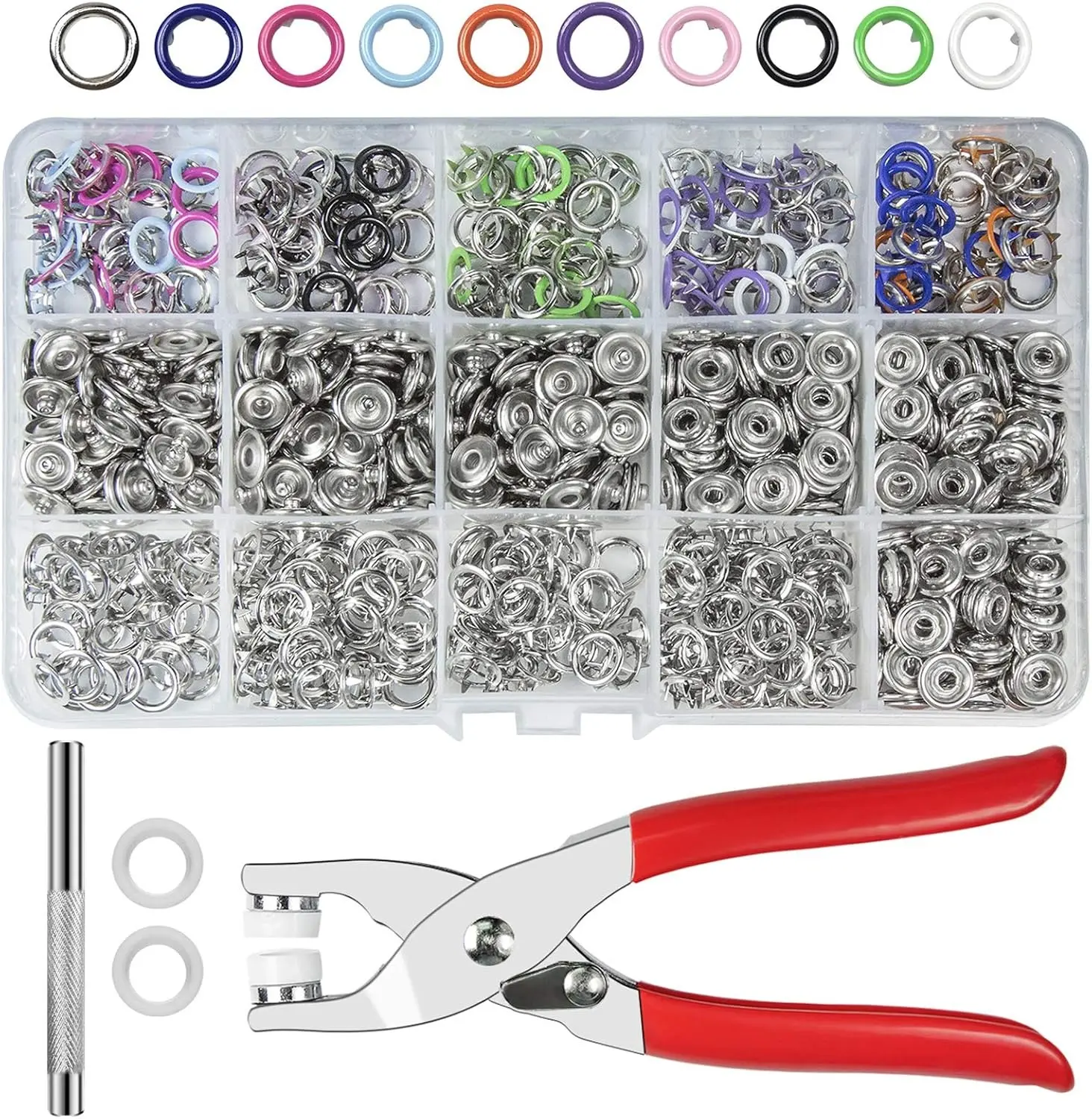200 Sets Hollow Metal Snap Buttons with Fastener Press Pliers Tool Kit, 10 Assorted Colors 9.5mmFive-Claw Snap Fasteners, DIY Sewing Craft Supplies for Clothes Hats Bags Leather Fabric Repair