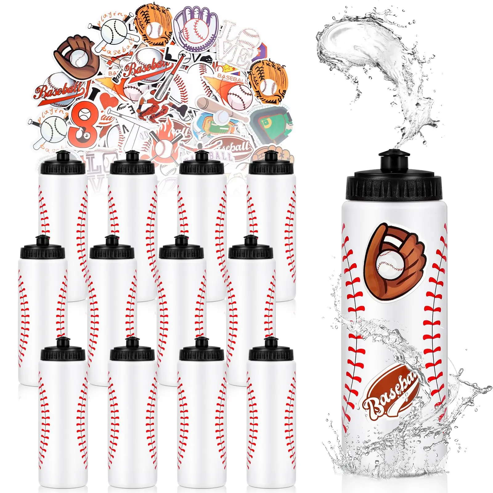 12 PCS Baseball Water Bottle Bulk with 300 PCS Stickers, 20 OZ Plastic Reusable Baseball Water Bottles for Boys, Squeeze Water Bottles Sports for Baseball Team, Sports Bottles Squeeze for Gym