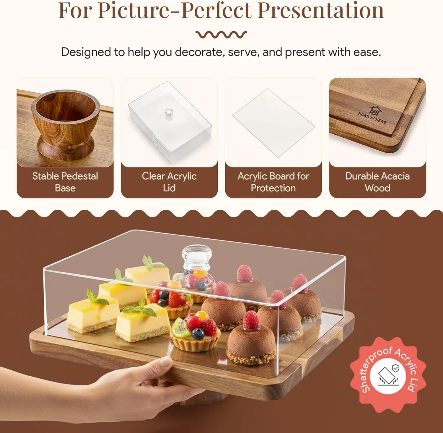 Acacia Wood Cake Stand with Dome Lid | 2-in-1 Dessert Display & Charcuterie Board | Cupcake Stand with Cover for Cakes, Cheese, Fruit & Entertaining | Rectangle Cake Stand with Lid for Kitchen & Gifting