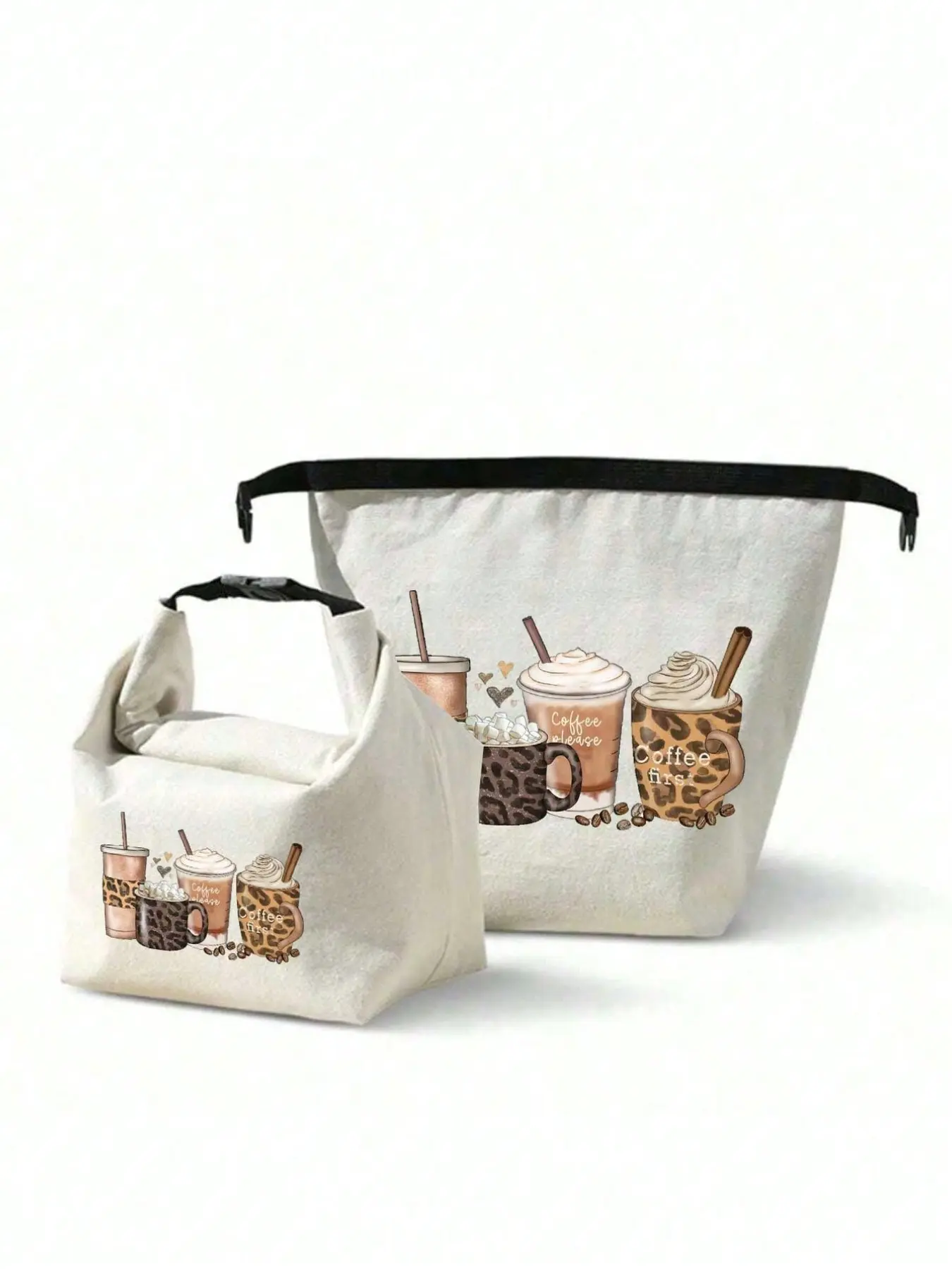 Ins-style portable insulated Tote Lunch Bag - Canvas leak-proof lunch bag with cute milk tea cup design, zipper, and adjustable shoulder strap; reusable cooler bag with food-grade PEVA lining, ice pack pocket, and easy-to-clean waterproof exterior
