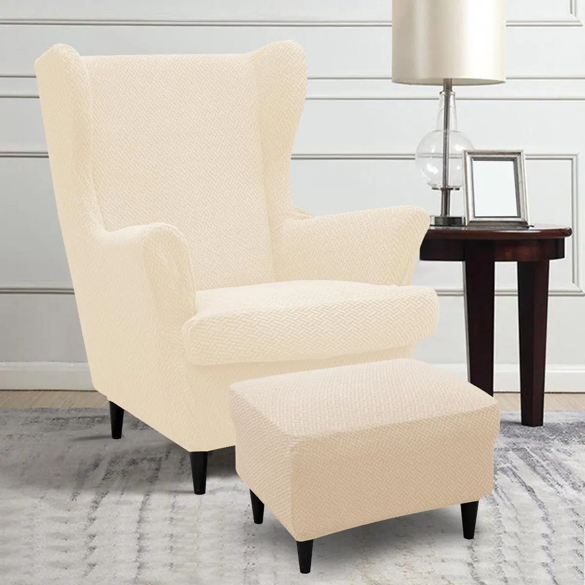 Wingback Chair Cover & Ottoman Cover & Cushion Cover Set, Solid Color Chair Protector, Chair Cover for Home & Office Decor, Chair Covers For Living Room, Chair Covers Set