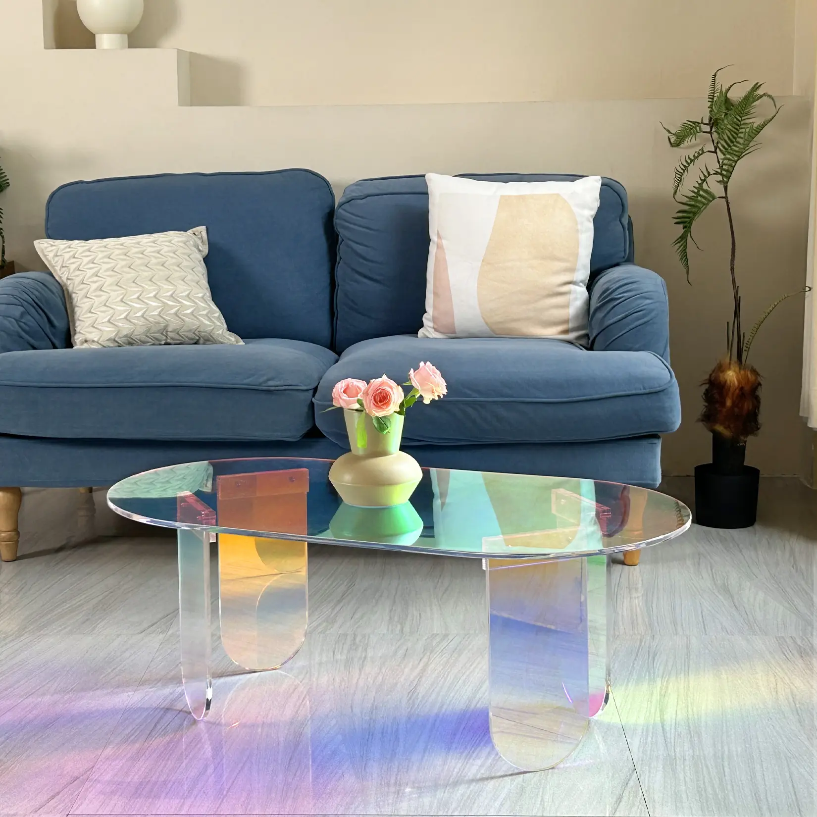 Iridescent Acrylic Coffee Table, Oval Rainbow Acrylic Side Table with PVC Cover, Acrylic Coffee Tables