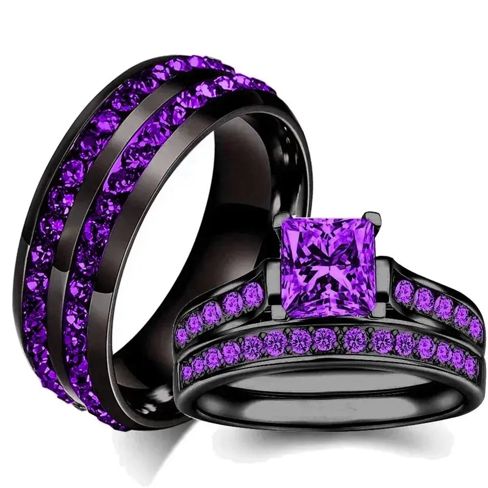 Fashion Couple Rings Charm Purple Rhinestones CZ Women Rings Set Trendy Men Stainless Steel Zirconia Ring Wedding Band Jewelry