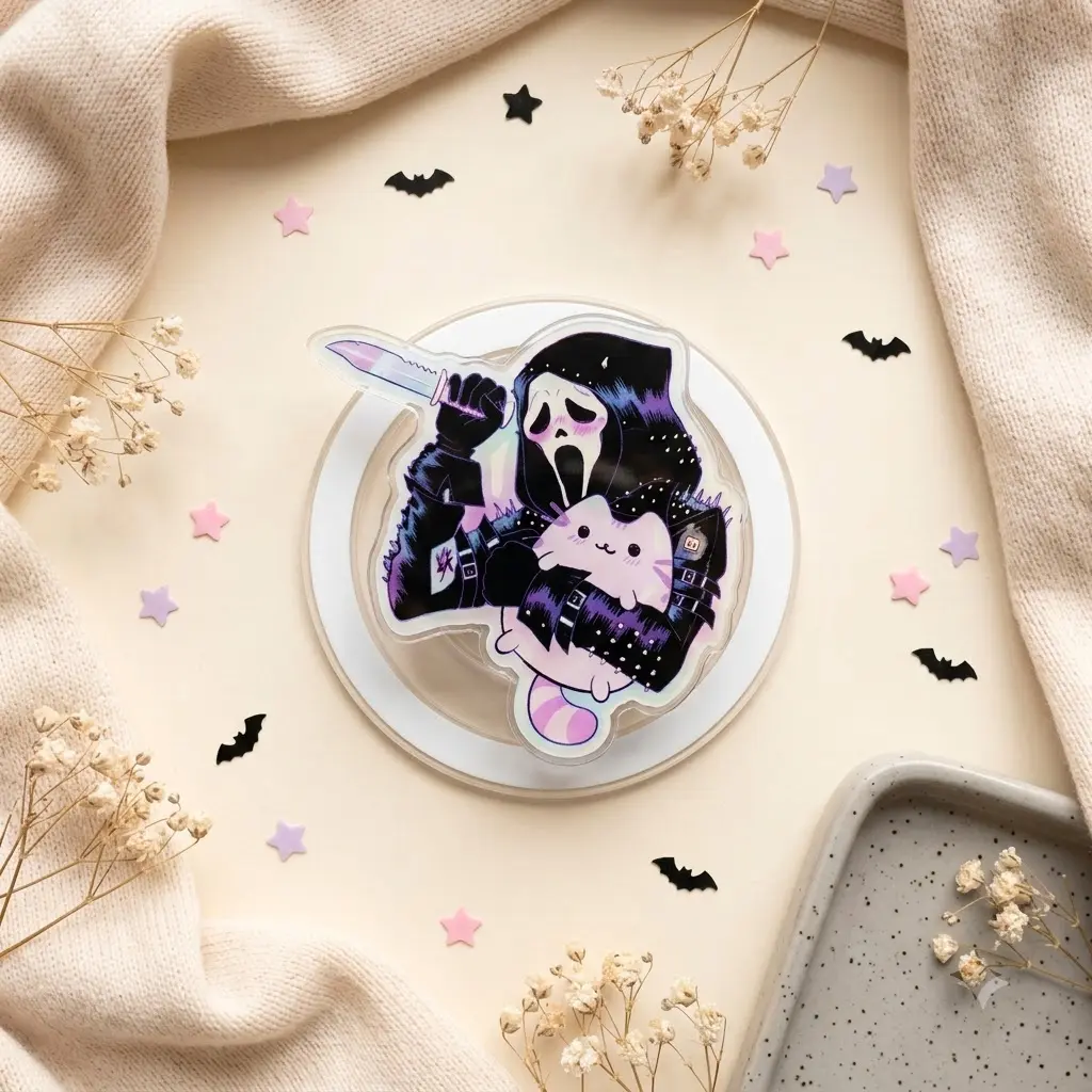 Creepy Cute Pink Cat Mask Acrylic Phone Grip, Pastel Goth Magnetic Phone Holder, Spooky Gothic Expandable Phone Stand, Kawaii Aesthetic Gift for Friends