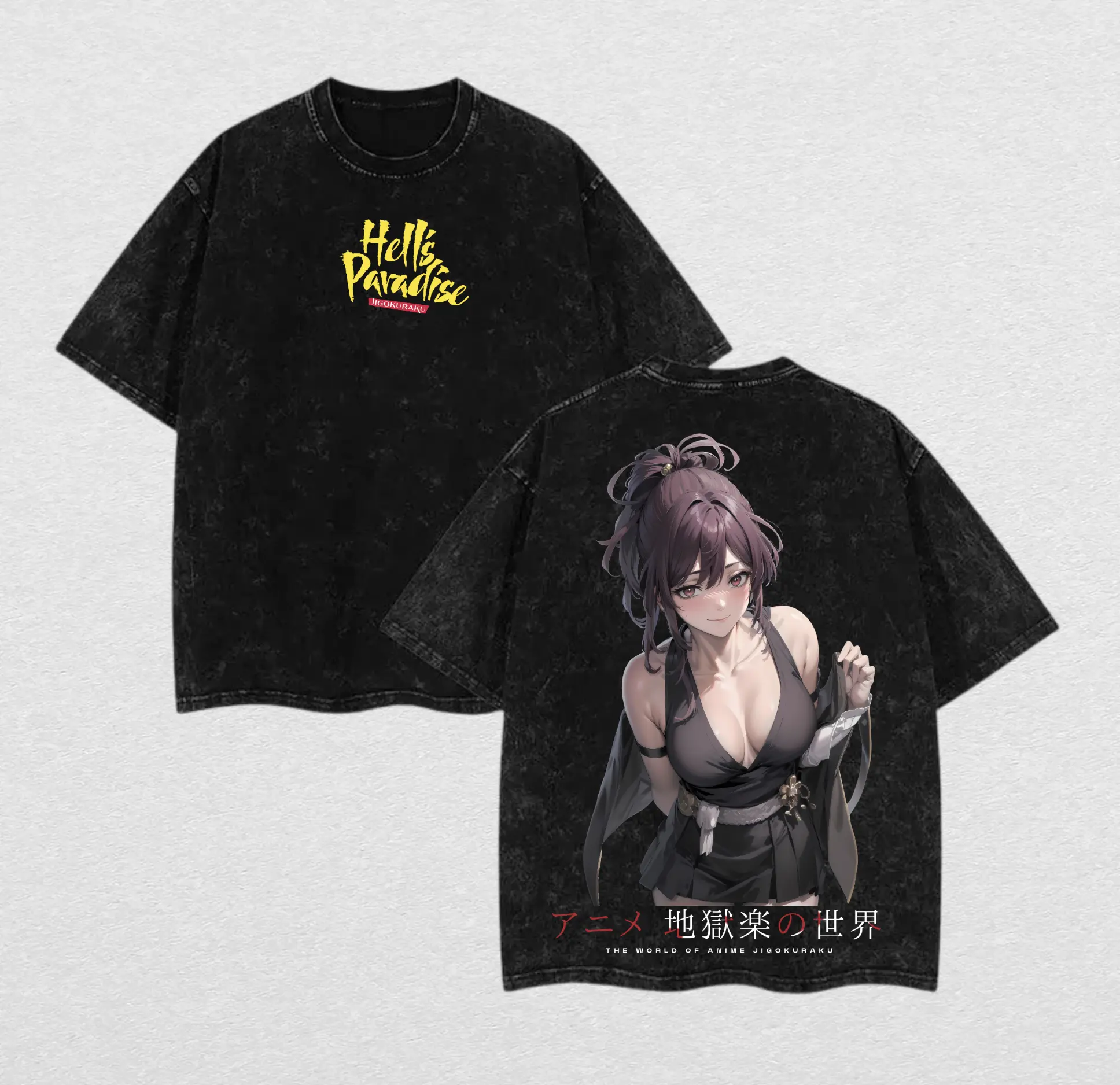 Hell’s Paradise Yuzuriha Washed Hoodie & T-Shirt – Vintage Double Printed Oversized Anime Sweatshirt, Heavyweight Cotton Manga Pullover, Unisex Streetwear