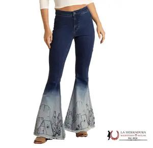 ROCK&ROLL Blue Ombre Printed Desert Design Flare Jeans RRWD7PRZU4