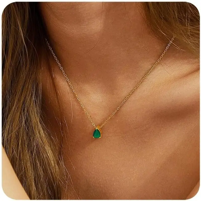Diamond Birthstone Necklace for Women Dainty Gold Necklaces 14K Gold Plated Cubic Zirconia Tearderop Pendant Necklace Red Emerald Blue CZ Choker Necklace Trendy Jewelry Birthday Gift
