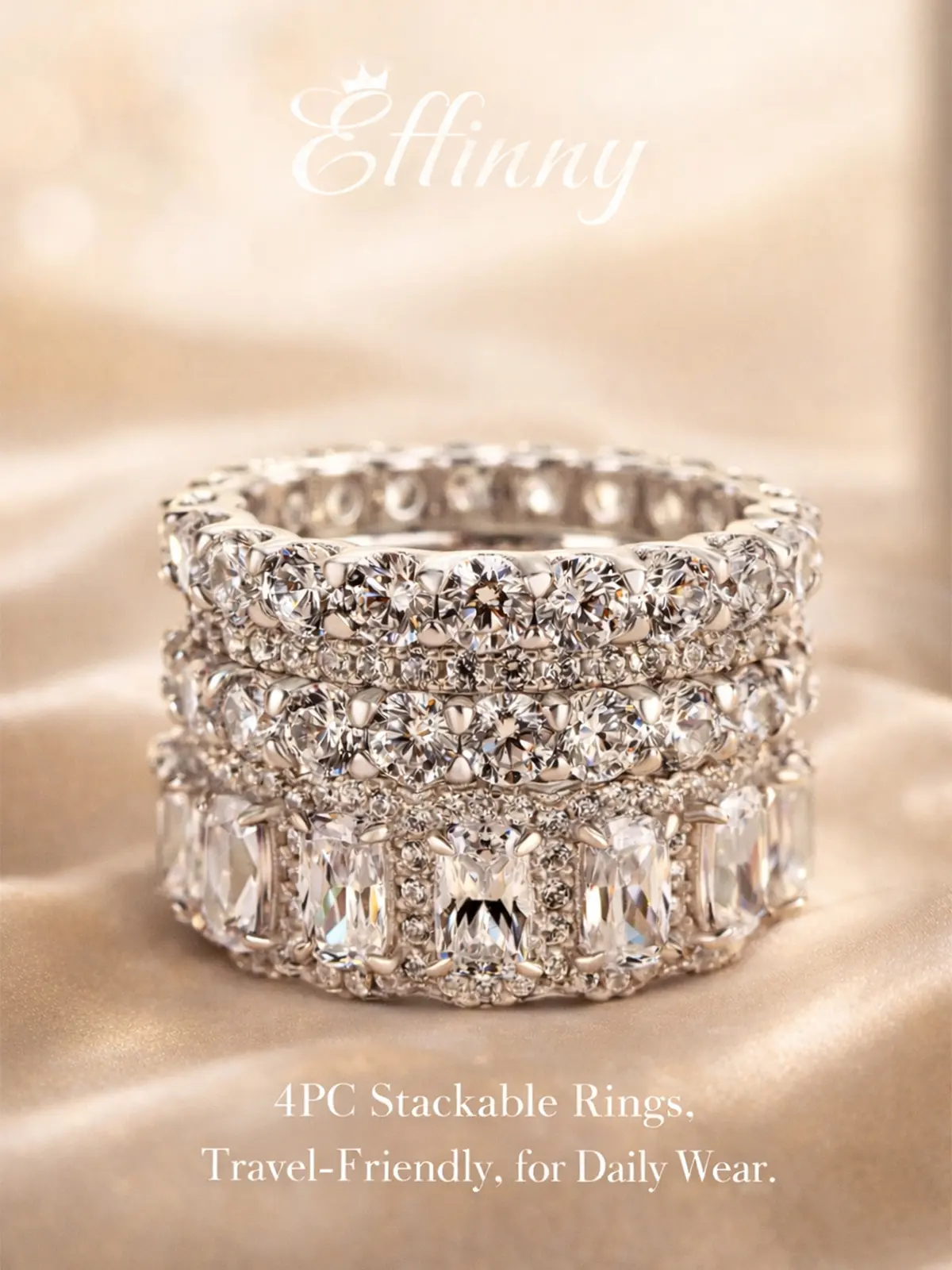 Effinny 925 Sterling Silver 10.0ct Cushion Cut 3PCS/4PCS Stackable Wedding Band Ring Set, No Tarnish Full Eternity Churumbela Jewelry Set for Travel, Daily, Stacking Rings, Bridal Ring Sets