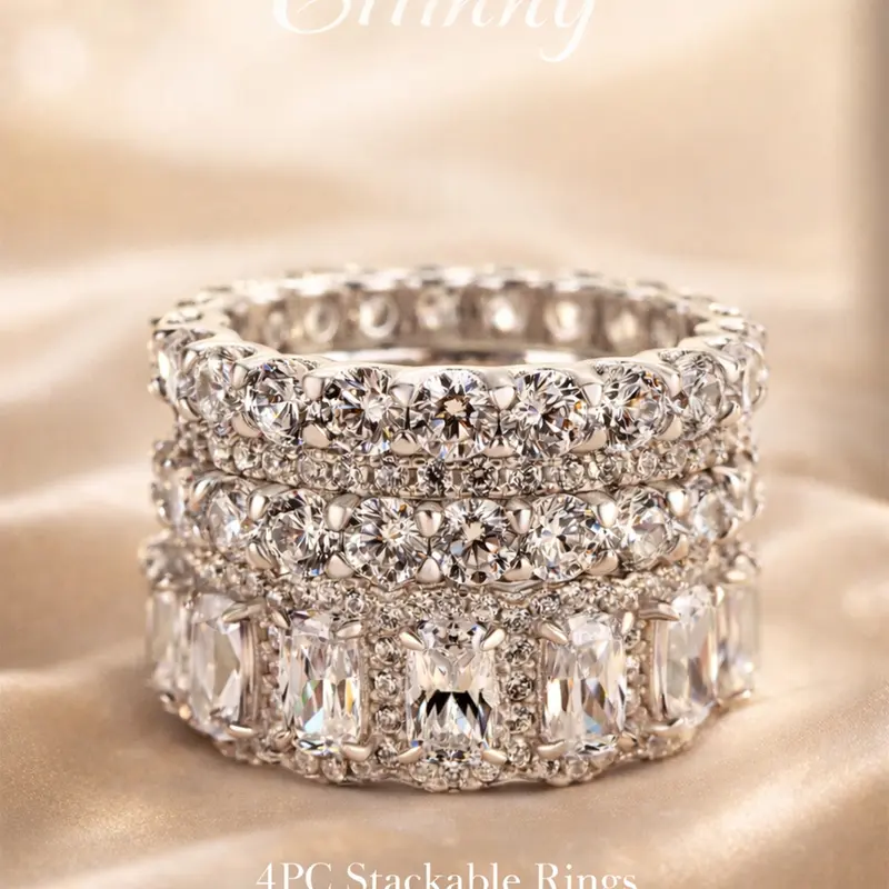 Effinny 925 Sterling Silver 10.0ct Cushion Cut 3PCS/4PCS Stackable Wedding Band Ring Set, No Tarnish Full Eternity Churumbela Jewelry Set for Travel, Daily, Stacking Rings, Bridal Ring Sets
