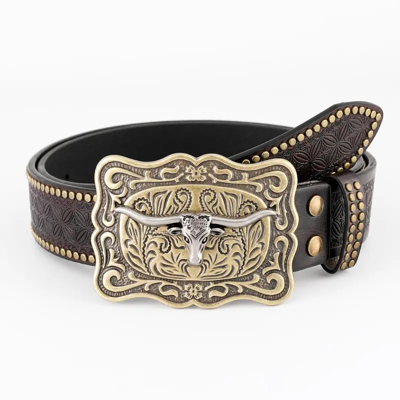 Boho Style Cowboy Western Belt, Textured Belt, Vintage Style Buckles Belt for Men & Women, Casual Fashion Accessories for Daily Wear, Trendy All-match & Exquisite Belt for Birthday Gift, Stylish Belts, Design Belt, Belt with Buckle
