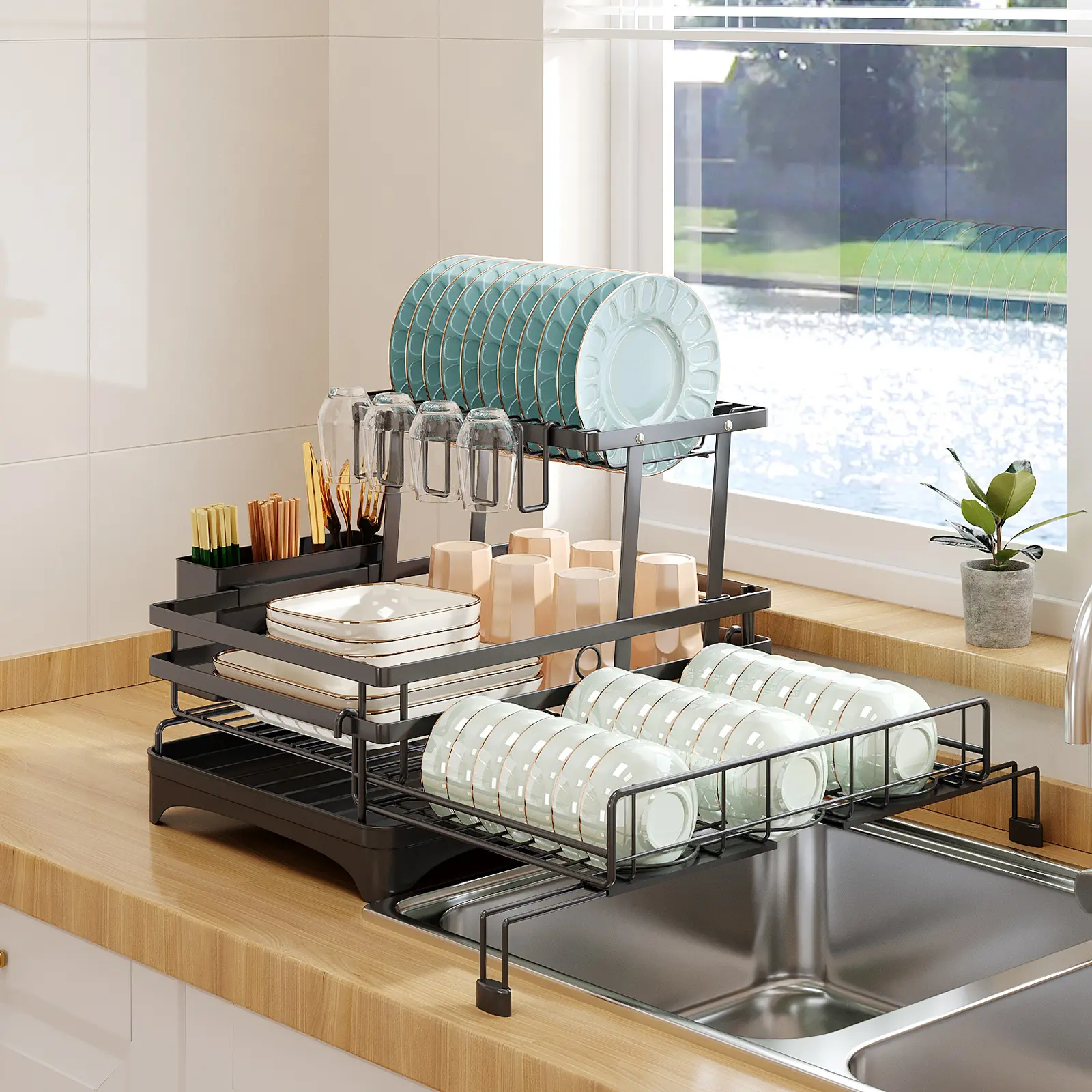 Foldable Over Sink Dish Drying Rack｜Pull-Out 2-Tier Dish Drainer with Utensil Holder｜Space Saving Kitchen Organizer for Small Kitchens