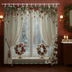 Christmas Series Bathroom Set, Plaid Toilet Cover Pad, Waterproof Shower Curtain, Non-Slip Mat, Bath Rug, 4-Piece Combo Pack