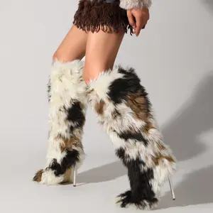 Pasuvo Women's Color Block Faux Fur Over-the-Knee Boots Multi-Color Fluffy Long Hair Faux Fur with Pointed Toe & Stiletto Heel Winter Fashion Statement Thigh High Party & Festival Boots Casual Style