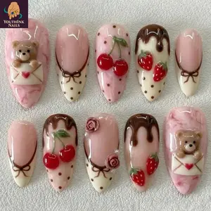 Cherry Strawberry Teddy Sweet Handmade Press On Nails – Pink Chocolate Drip Dessert Style, 3D Cute Nails, Reusable Gift Set
