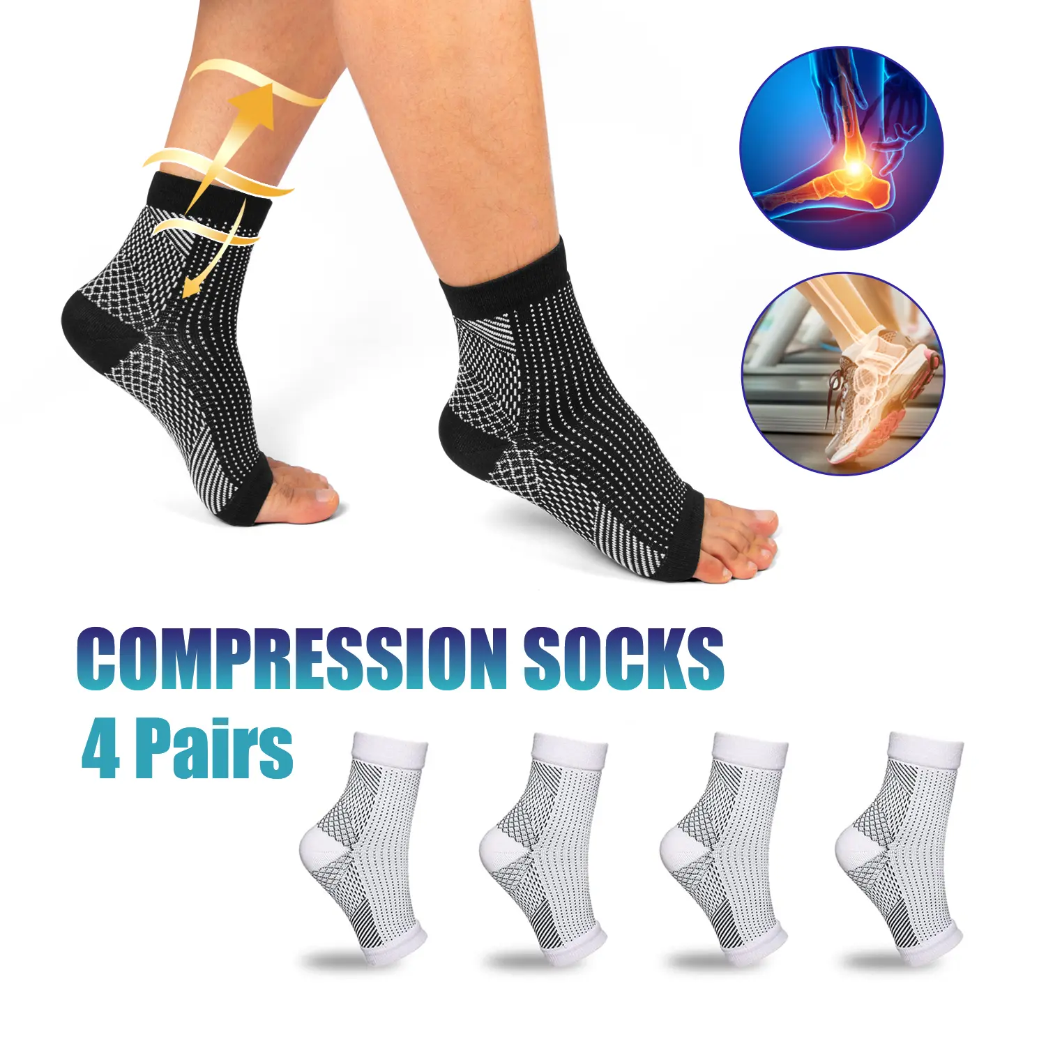 4 Pairs Neuropathy Socks Foot Compression Sleeve For Pain Anti Fatigue 20-30mmHg Support Brace Open Toe Unisex Black White backtoschool