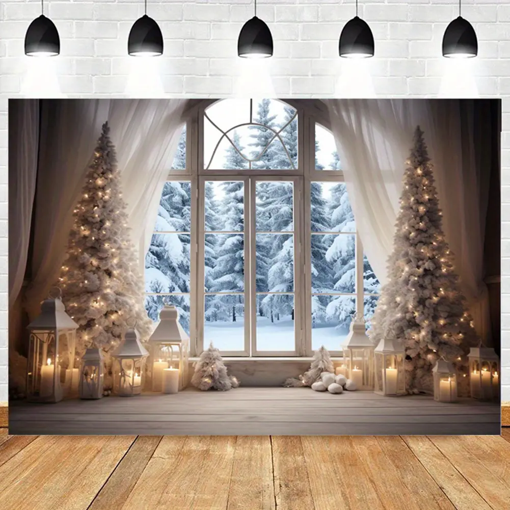 Christmas Tree Snow-Themed Cloth Backdrop Banner, Festive Party Photo Wall Decor Props, Camera