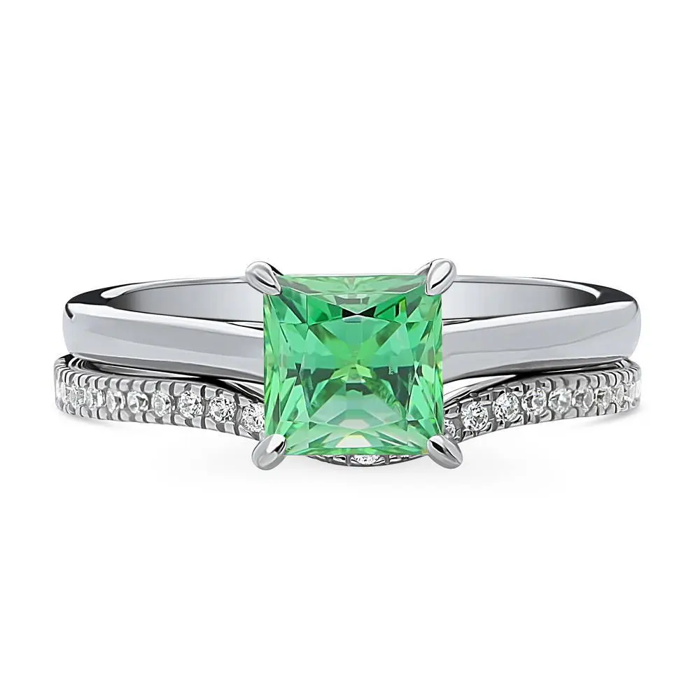 BERRICLE Sterling Silver Solitaire Wishbone Engagement Promise Rings Stackable Band for Her, 1.2 Carat Green Princess Cut Cubic Zirconia CZ Ring Set