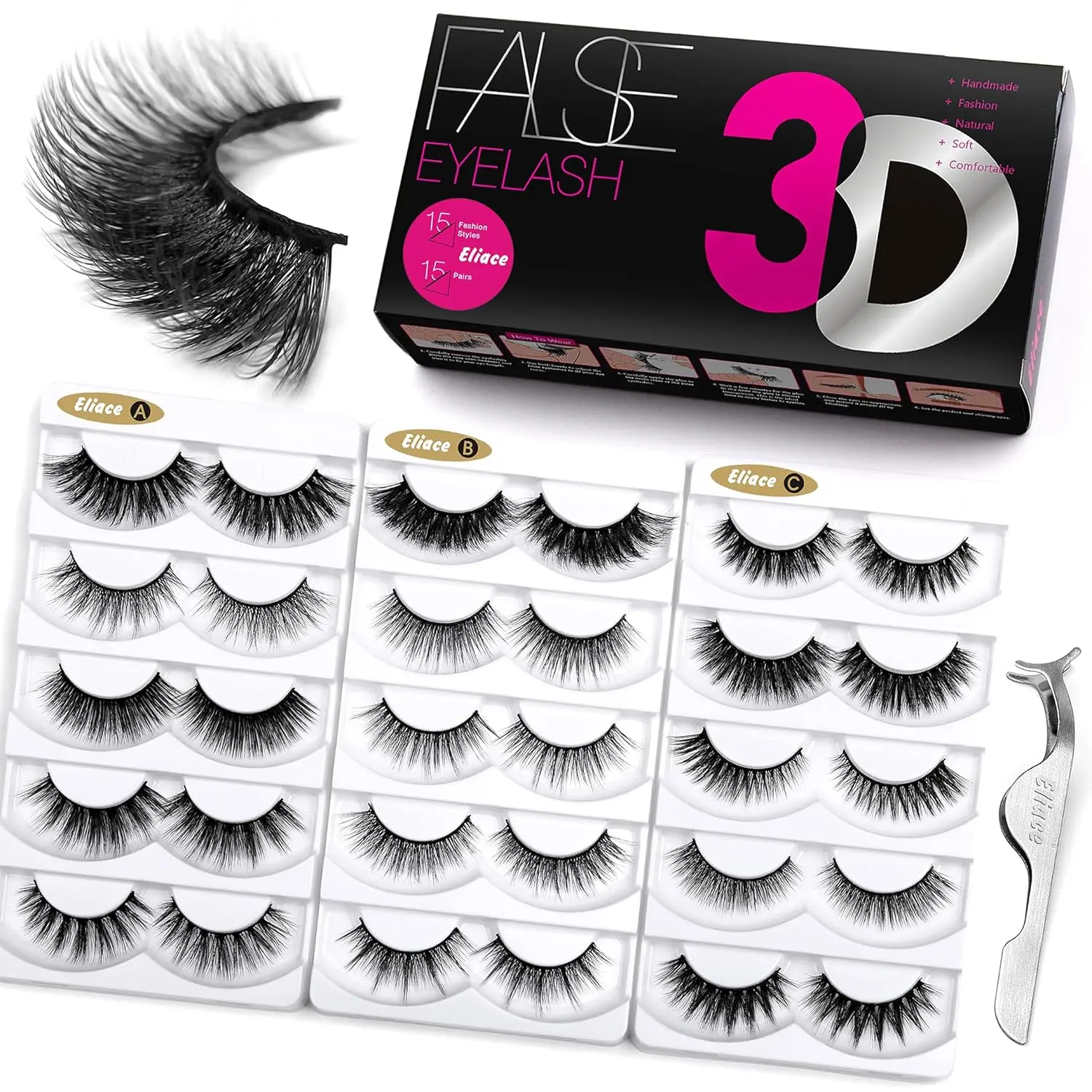 3D Mink Lashes Natural Look 15 Mixed Styles 15 Pairs Fake Eyelashes Bulk Pack Handmade Luxurious Volume Fluffy Natural False Eyelashes Comfortable and Soft Strip False lashes for Women