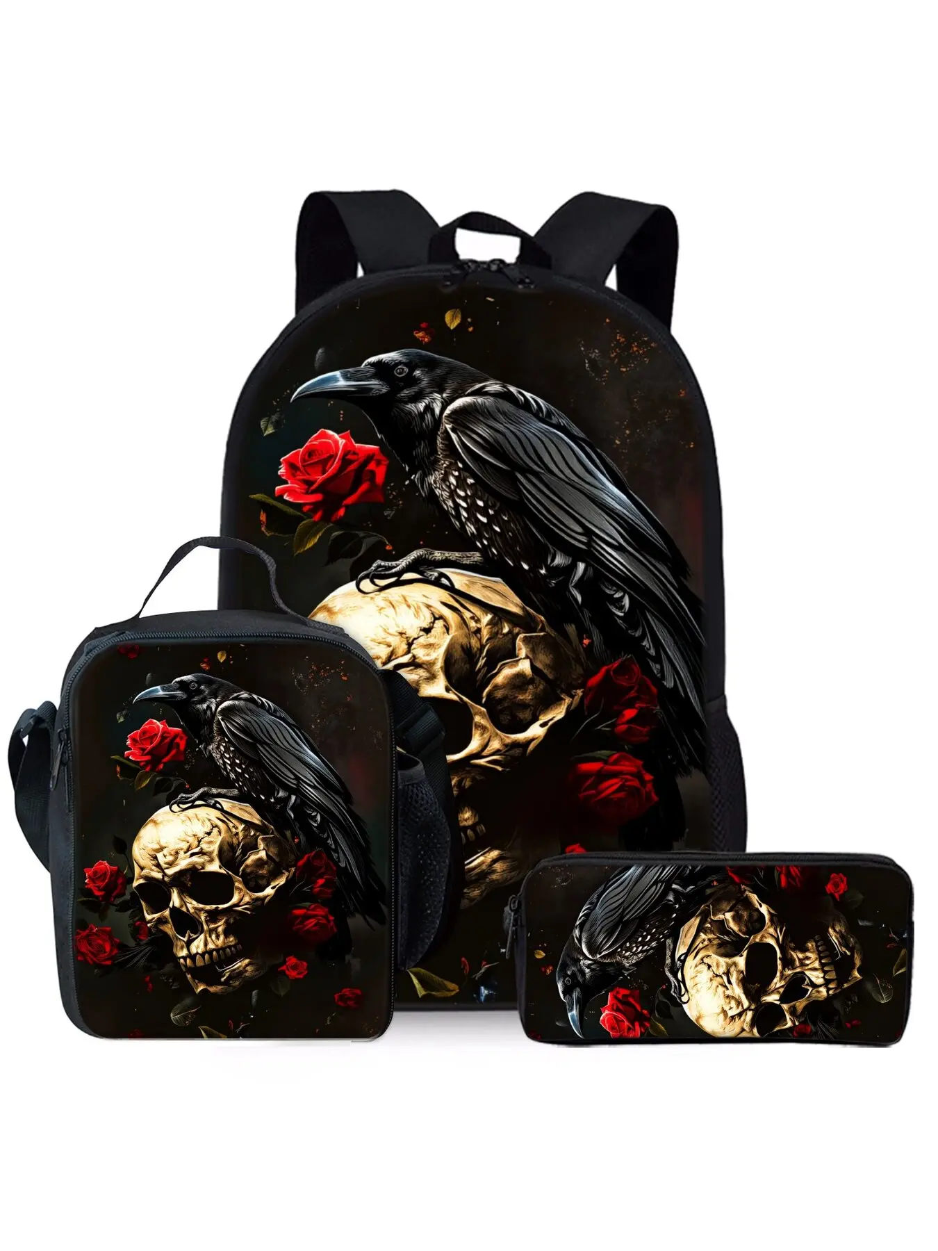 Crow Skull Red Rose Printed Backpack Combo 3-Piece Set Lunch Bag Pen Bag Shoulder Bag