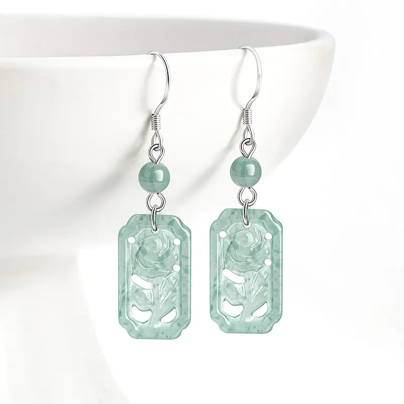 Sliver Natural Jade Earrings Rose Design Personalized Women's Style Christmas Gifts Sterling Silver