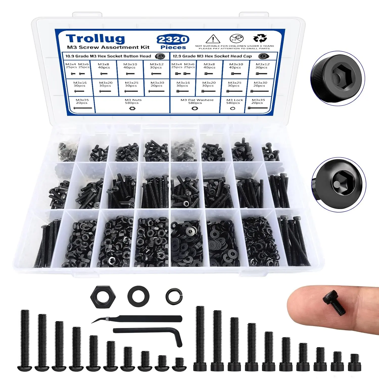 M3 Hex Socket Screw Kit (2320 Pieces) - 10.9 & 12.9 Grade High-Quality Alloy Steel, Corrosion-Resistant Black Zinc-Plated Button & Cap Head Bolts with Nuts, Lock & Flat Washers, Exquisite Craftsmanship, Portable Package for 3D Printers, Home Appliances