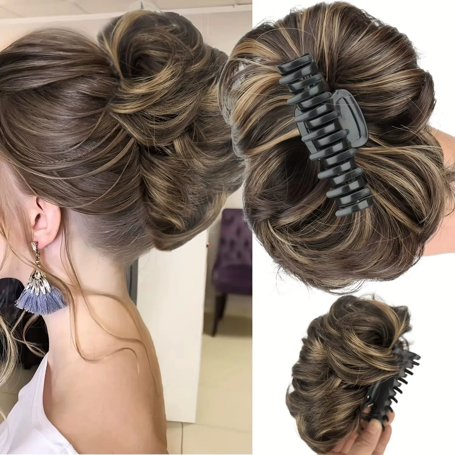Popular Fluffy Claw-Clip Synthetic Hairpiece, Blended Curls Easy Volume Solution for Messy Bun Hairstyling, Blended Brown And Blonde, Synthetic Hair Fibers, Bohemian, Hair Bun