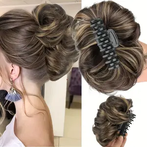 Popular fluffy claw-clip hair tie for messy bun synthetic hairpiece