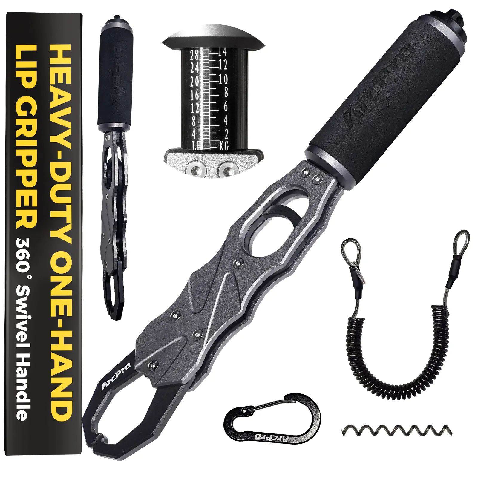 ArcPro Fish Gripper with Scale, Aircraft-Grade Aluminum Alloy Fish Lip Gripper 2-in-1 , 40lb Heavy-Duty & Non-Slip 360° EVA Swivel Handle, Corrosion-Resistant Fish Holder, Fresh/Saltwater