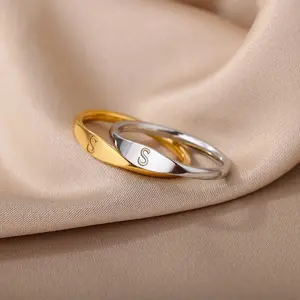 Stainless Steel Initial Letter Ring, Minimalist Plain Band 26 Alphabet Signet Ring, Classic Stackable Simple Letter Band, Unisex Matching Finger Rings for Men Women Daily Jewelry Gift